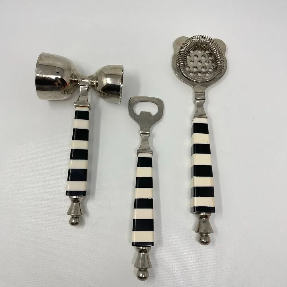 Darren Ransdell Set of 3 Metal Bar Tools Black White Stripe Plastic Handles
